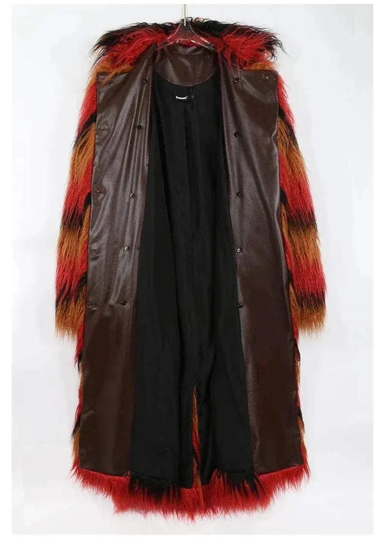 Ruby Colorful Thick Warm Faux Fur Trench Coat for Women with Leather Belt