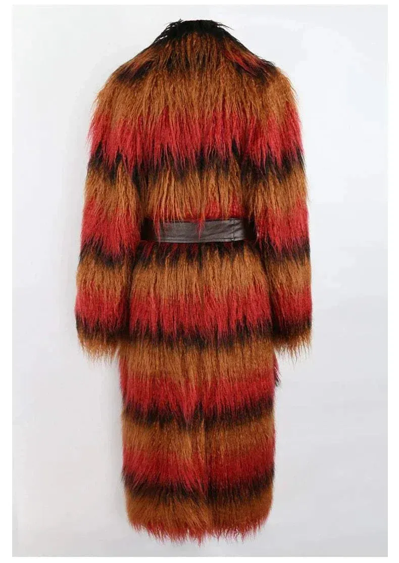 Ruby Colorful Thick Warm Faux Fur Trench Coat for Women with Leather Belt