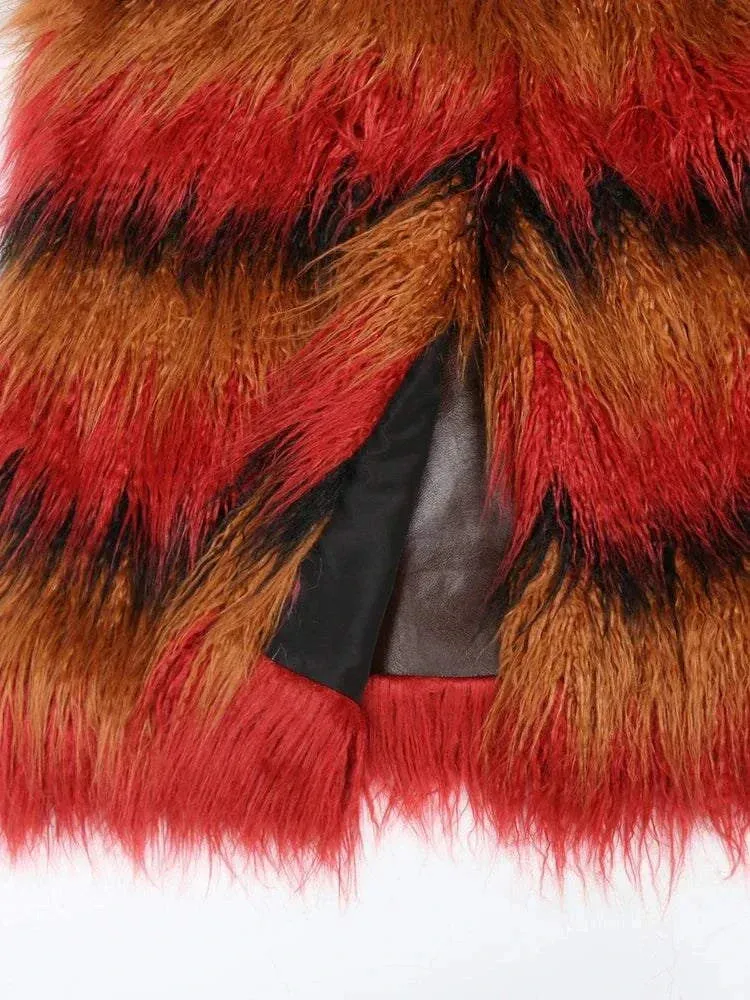 Ruby Colorful Thick Warm Faux Fur Trench Coat for Women with Leather Belt