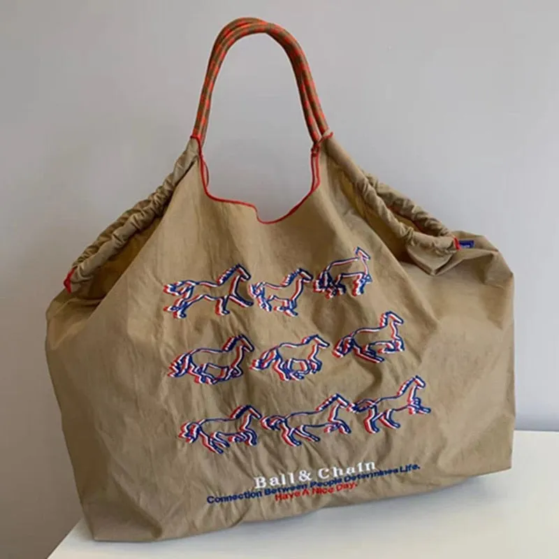 Running Horses Embroidery Casual Canvas Tote