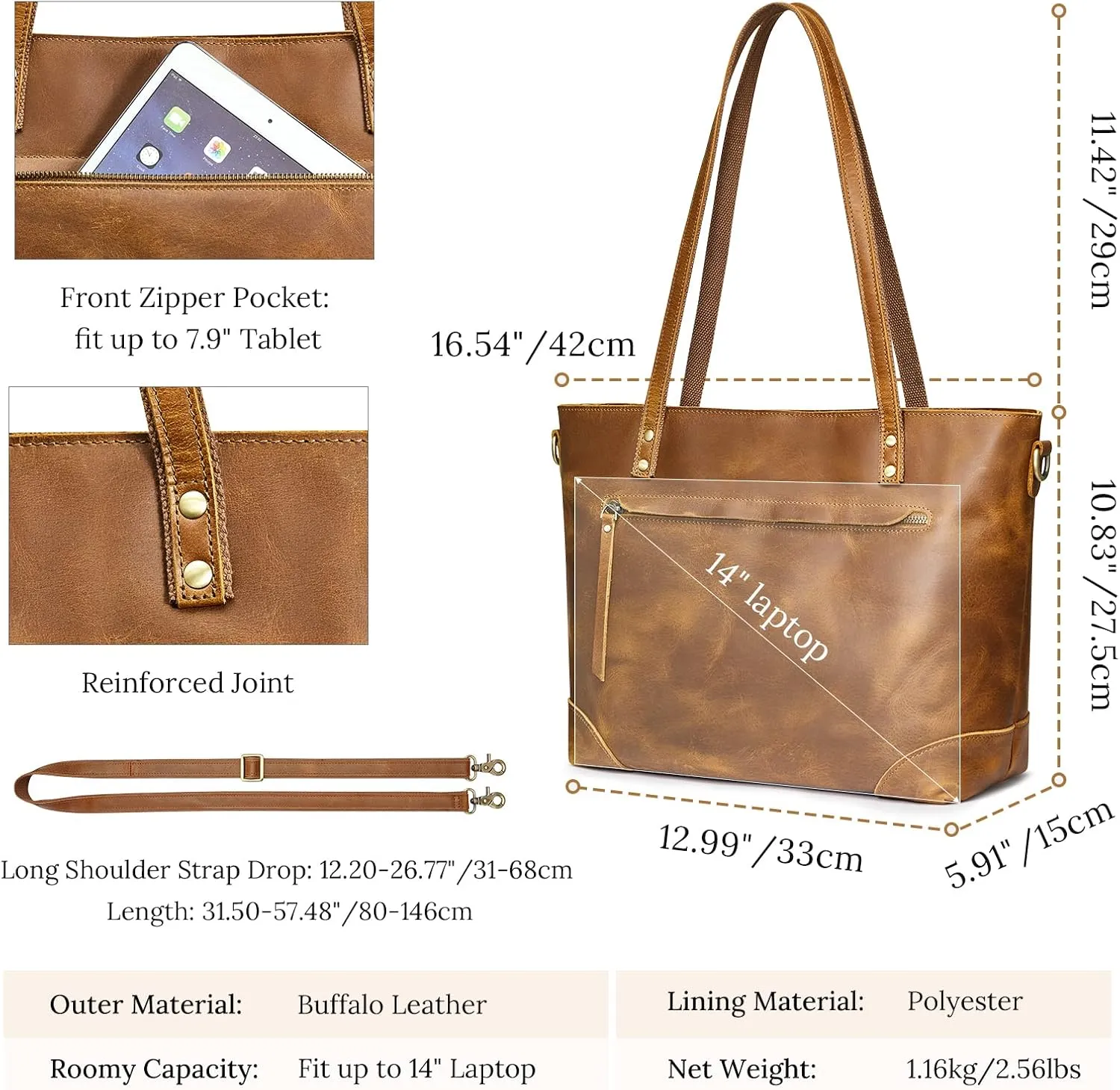 S-ZONE Genuine Leather Tote Bag for Women Work Shoulder Crossbody Purses Handbag with Outside Pockets