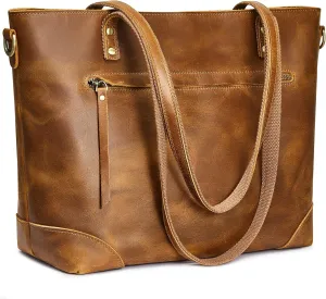 S-ZONE Genuine Leather Tote Bag for Women Work Shoulder Crossbody Purses Handbag with Outside Pockets