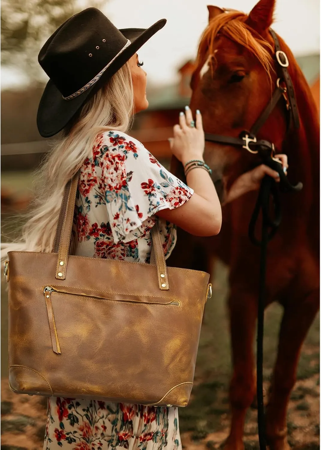 S-ZONE Genuine Leather Tote Bag for Women Work Shoulder Crossbody Purses Handbag with Outside Pockets