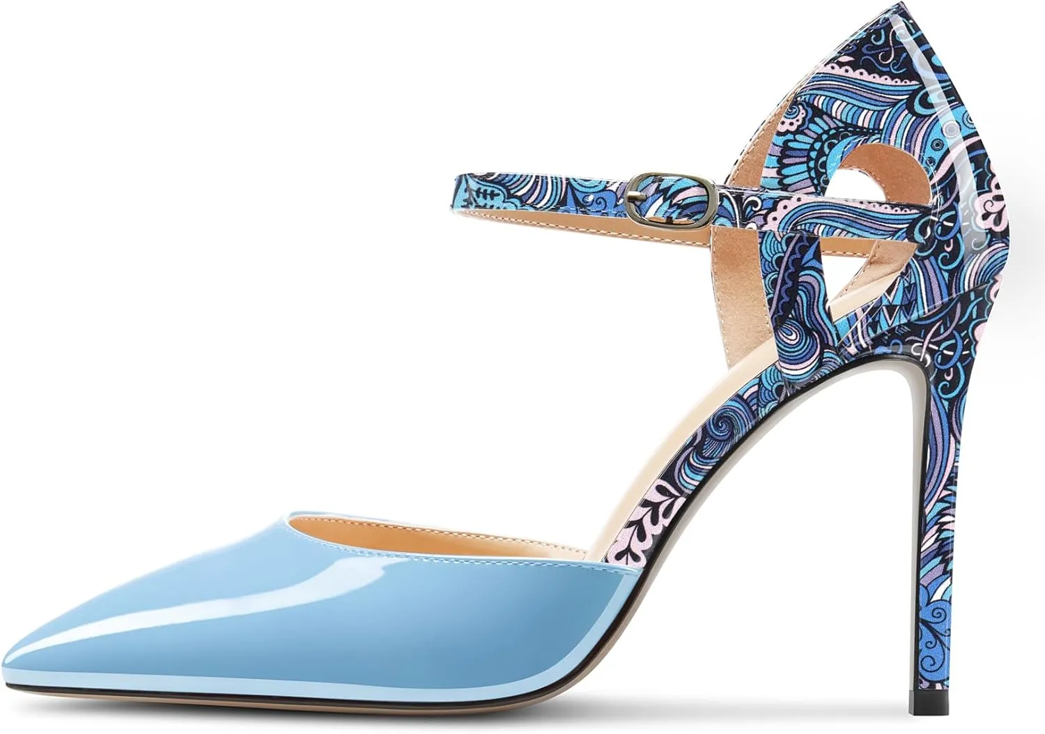 Saekcted Womens Stiletto High Heel Pointed Toe Pumps Ankle Strap Patchwork Party Cute Patent Leather 3.9 Inches Heels