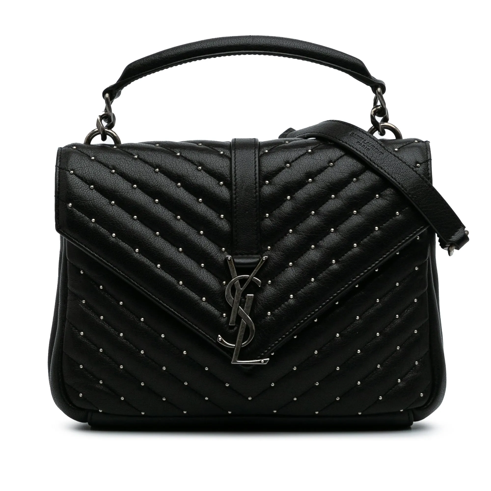 Saint Laurent Medium Chevron Studded Sheepskin Monogram College Satchel