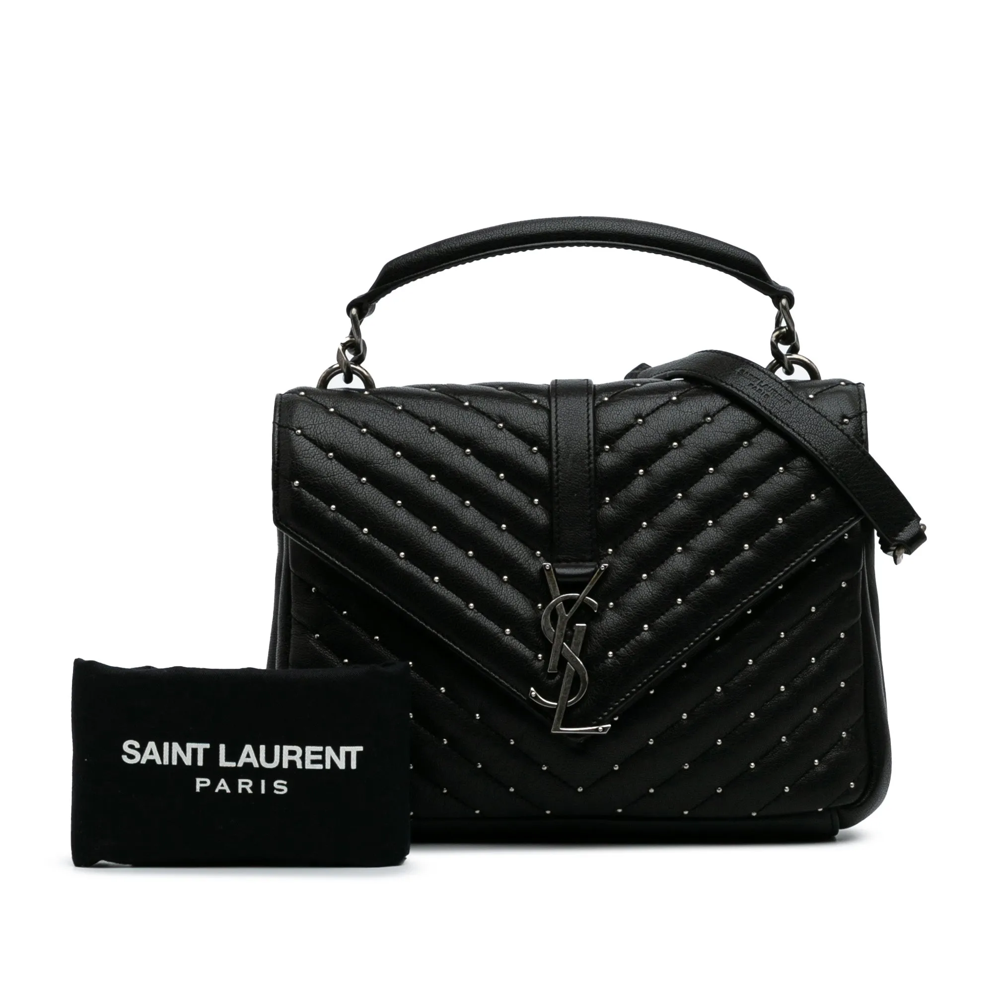Saint Laurent Medium Chevron Studded Sheepskin Monogram College Satchel