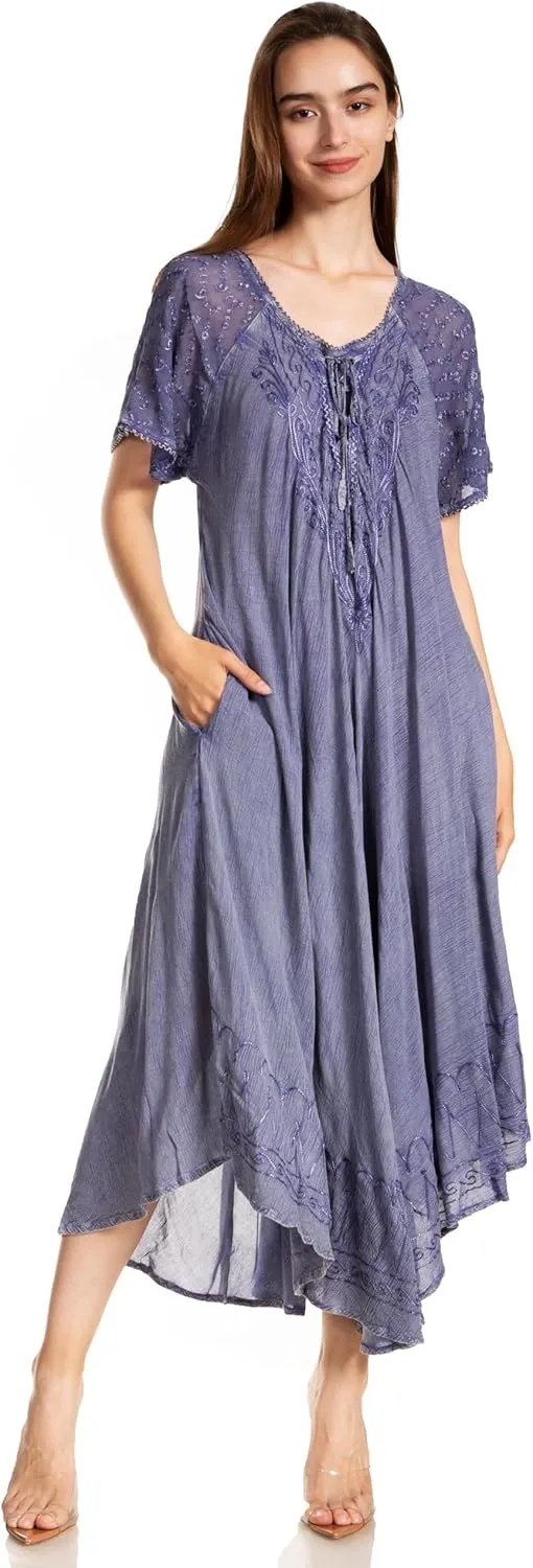Sakkas Egan Long Embroidered Caftan Dress/Cover Up with Embroidered Cap Sleeves