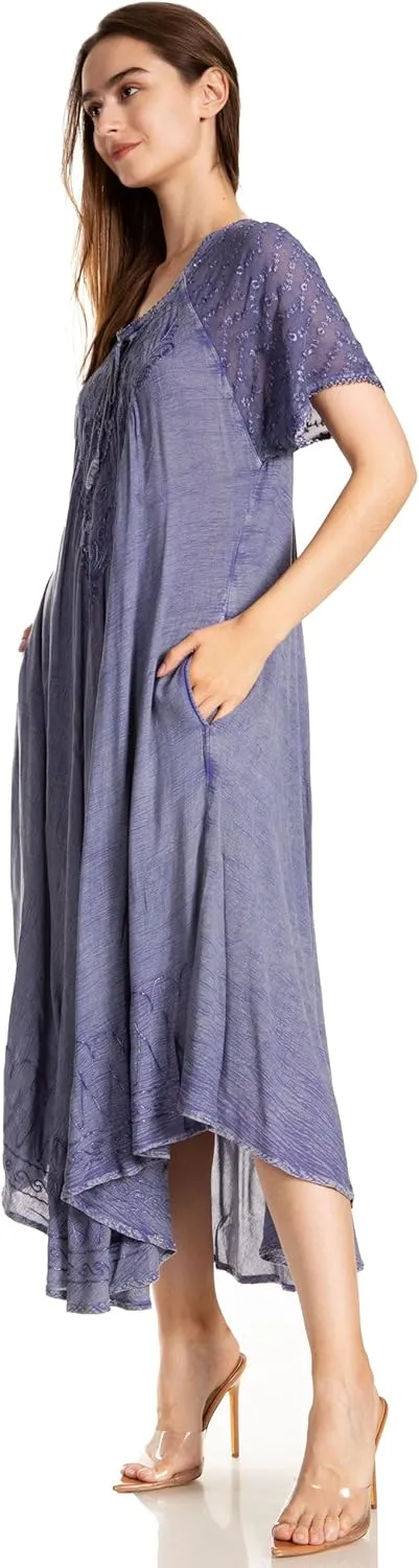 Sakkas Egan Long Embroidered Caftan Dress/Cover Up with Embroidered Cap Sleeves