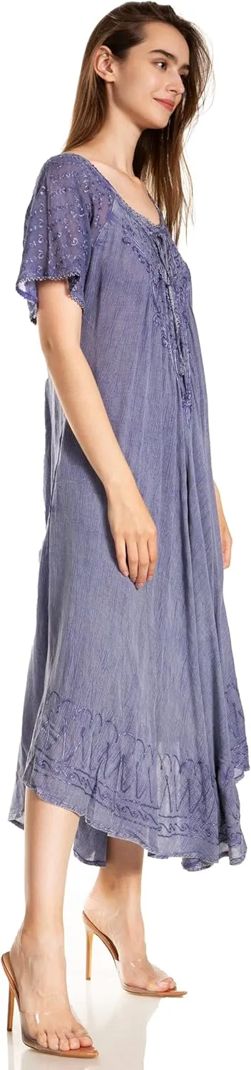 Sakkas Egan Long Embroidered Caftan Dress/Cover Up with Embroidered Cap Sleeves