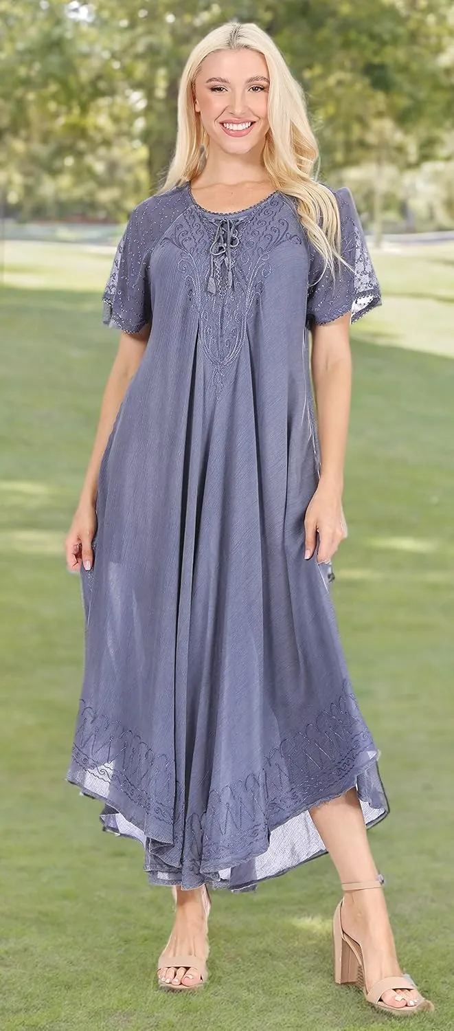Sakkas Egan Long Embroidered Caftan Dress/Cover Up with Embroidered Cap Sleeves