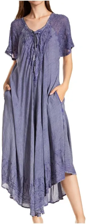 Sakkas Egan Long Embroidered Caftan Dress/Cover Up with Embroidered Cap Sleeves