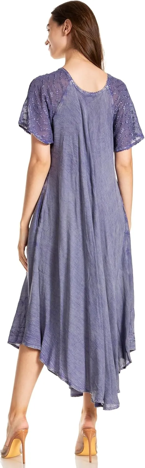 Sakkas Egan Long Embroidered Caftan Dress/Cover Up with Embroidered Cap Sleeves