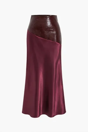 Satin Patchwork Faux Leather Asymmetrical Skirt