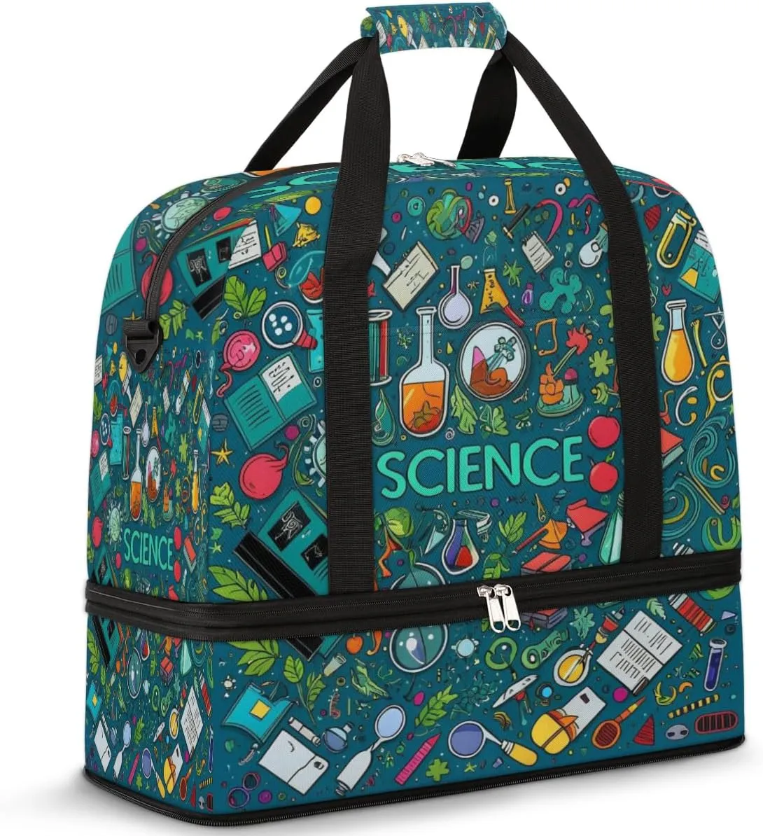 Science Chemistry Travel Duffel Bag for Women Men, Sports Gym Bag with Shoes Compartment Educational Theme Foldable Overnight Bag Weekender Tote Workout Carry On Luggage Bag
