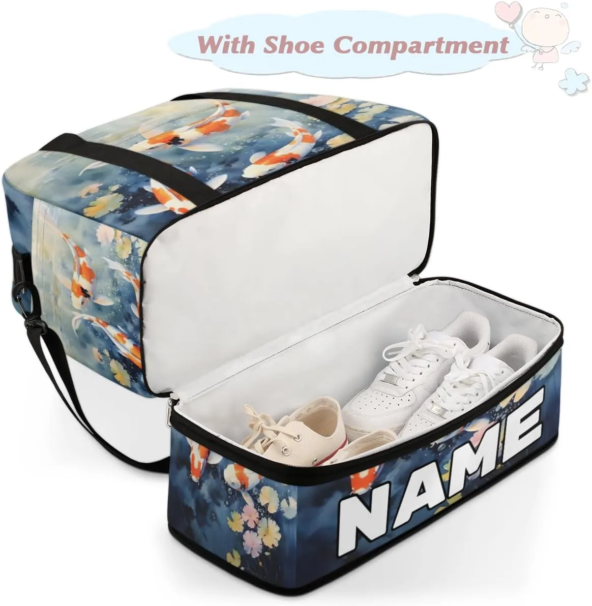 Sea Animal Fish Custom Foldable Duffle Bag with Shoes Compartment Personalized Large Capacity Waterproof Travel Weekender Bag Overnight Bag for Sports Gym