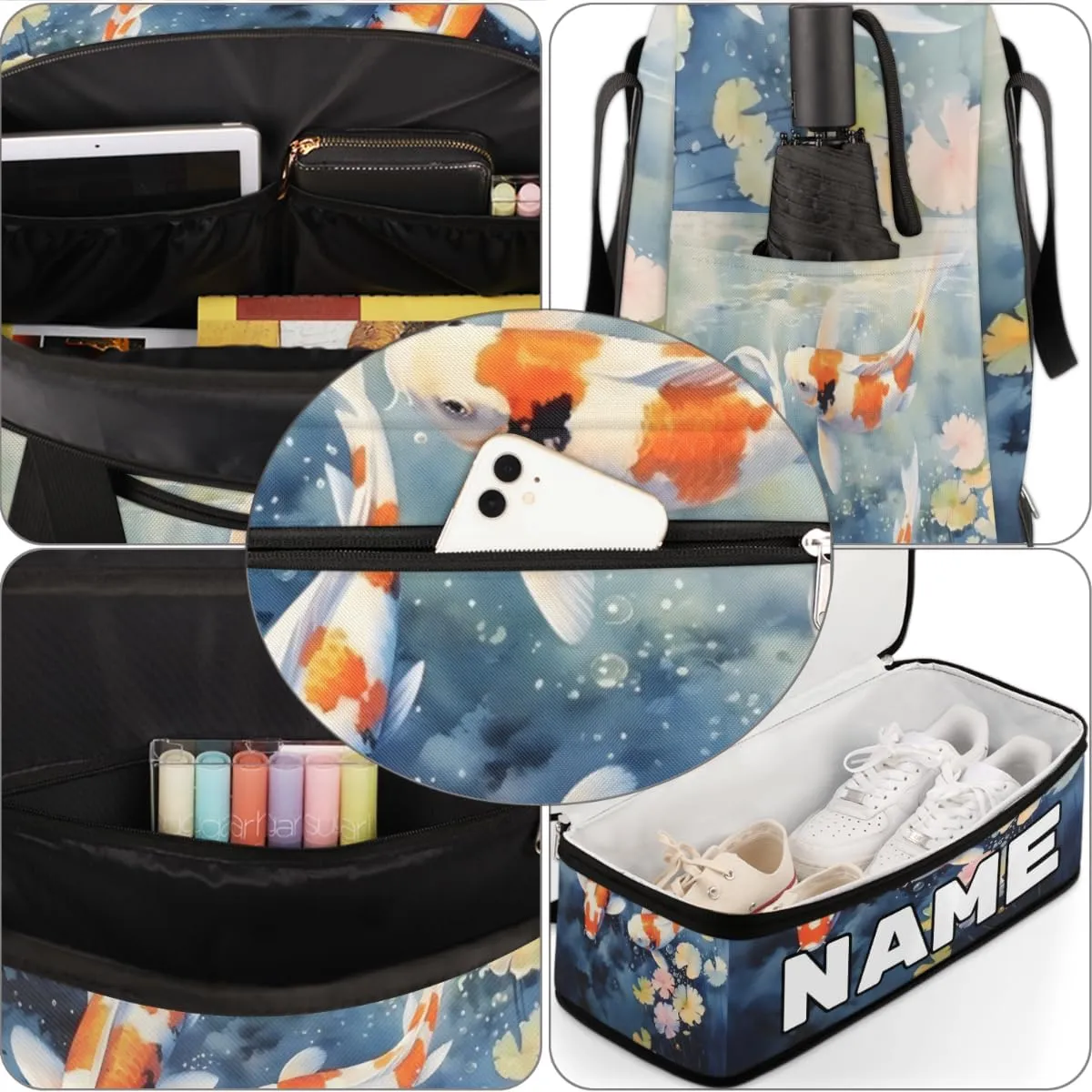 Sea Animal Fish Custom Foldable Duffle Bag with Shoes Compartment Personalized Large Capacity Waterproof Travel Weekender Bag Overnight Bag for Sports Gym