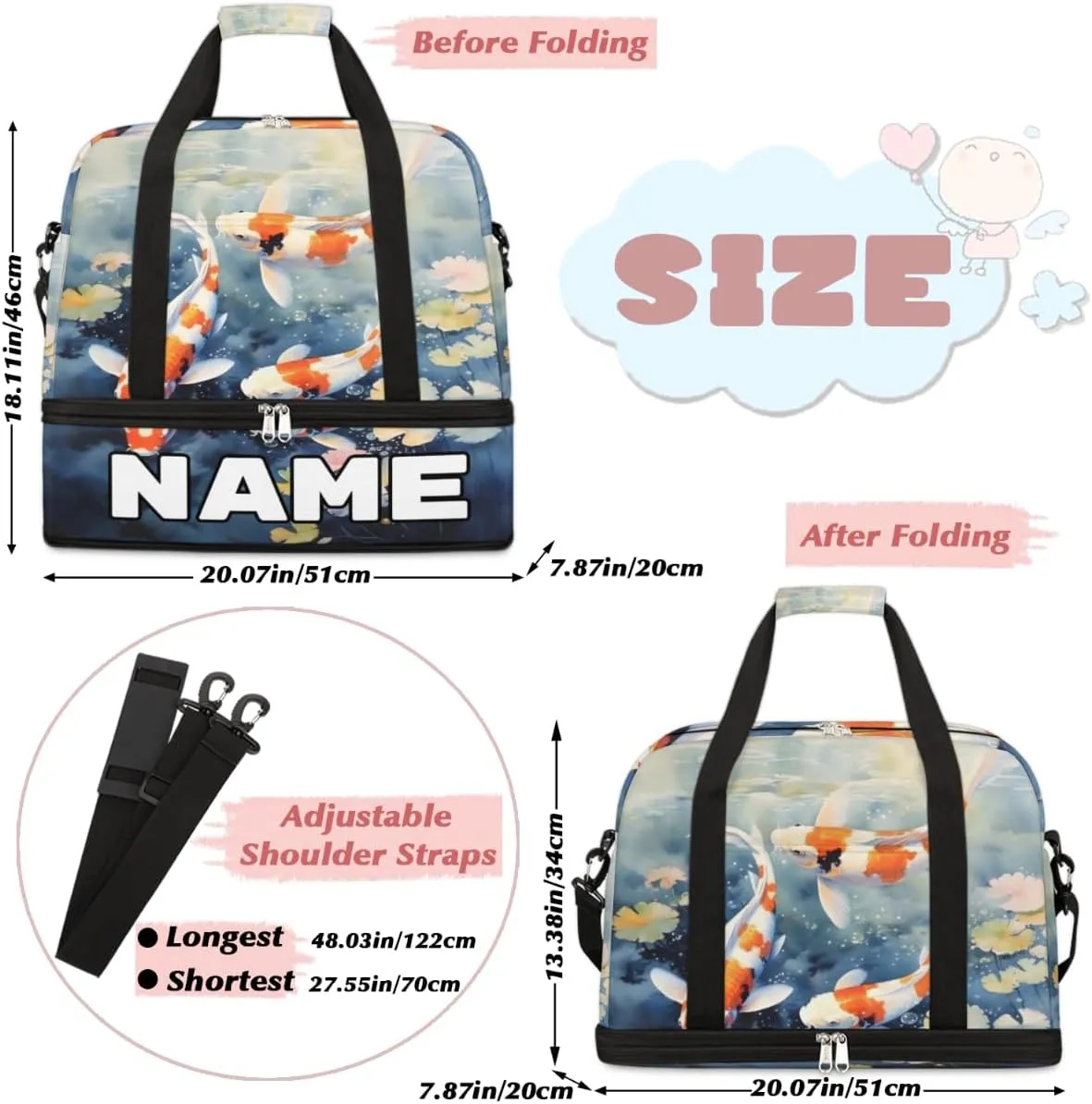 Sea Animal Fish Custom Foldable Duffle Bag with Shoes Compartment Personalized Large Capacity Waterproof Travel Weekender Bag Overnight Bag for Sports Gym