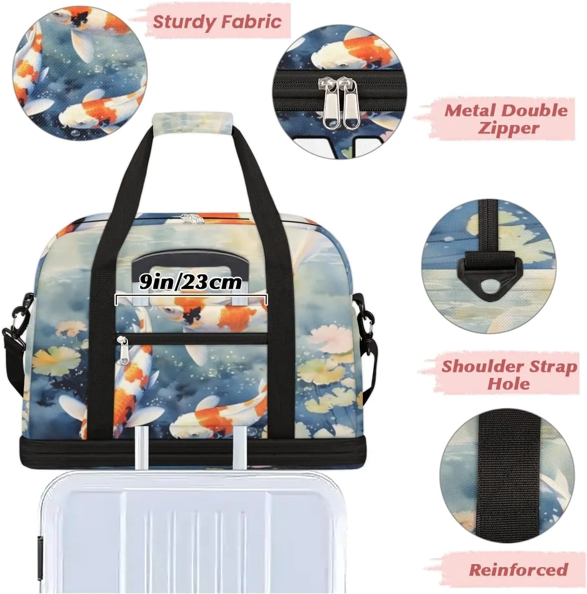 Sea Animal Fish Custom Foldable Duffle Bag with Shoes Compartment Personalized Large Capacity Waterproof Travel Weekender Bag Overnight Bag for Sports Gym