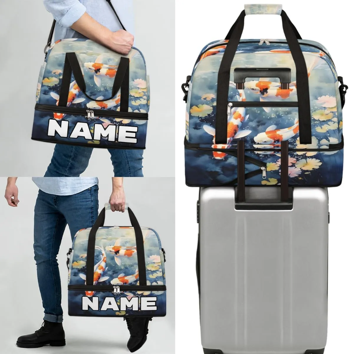 Sea Animal Fish Custom Foldable Duffle Bag with Shoes Compartment Personalized Large Capacity Waterproof Travel Weekender Bag Overnight Bag for Sports Gym