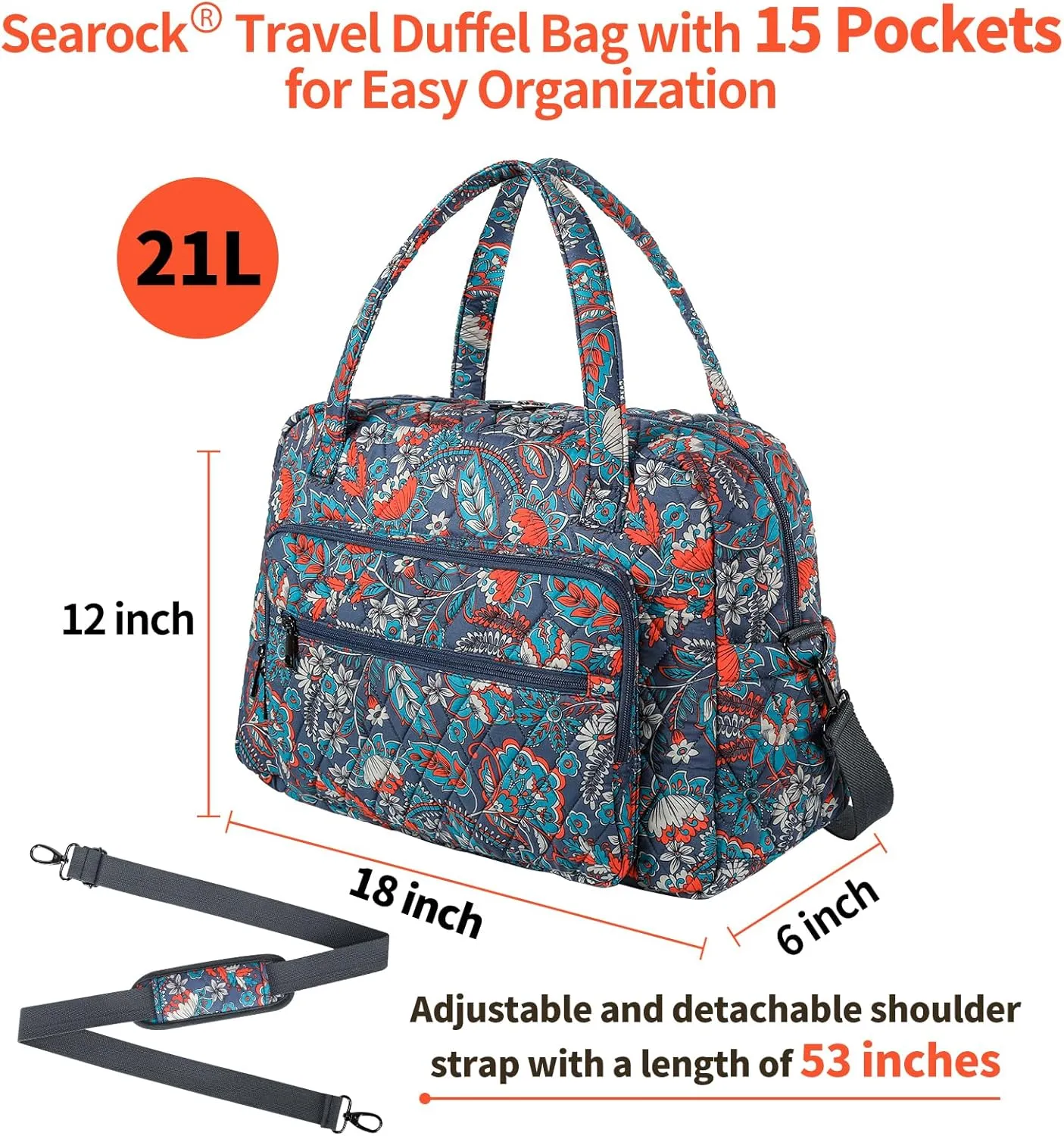 Searock Women's Weekender Bag 18in Cotton Carry On Overnight Travel Duffle Bag Lightweight with Plenty of Pockets-Grey/Orange