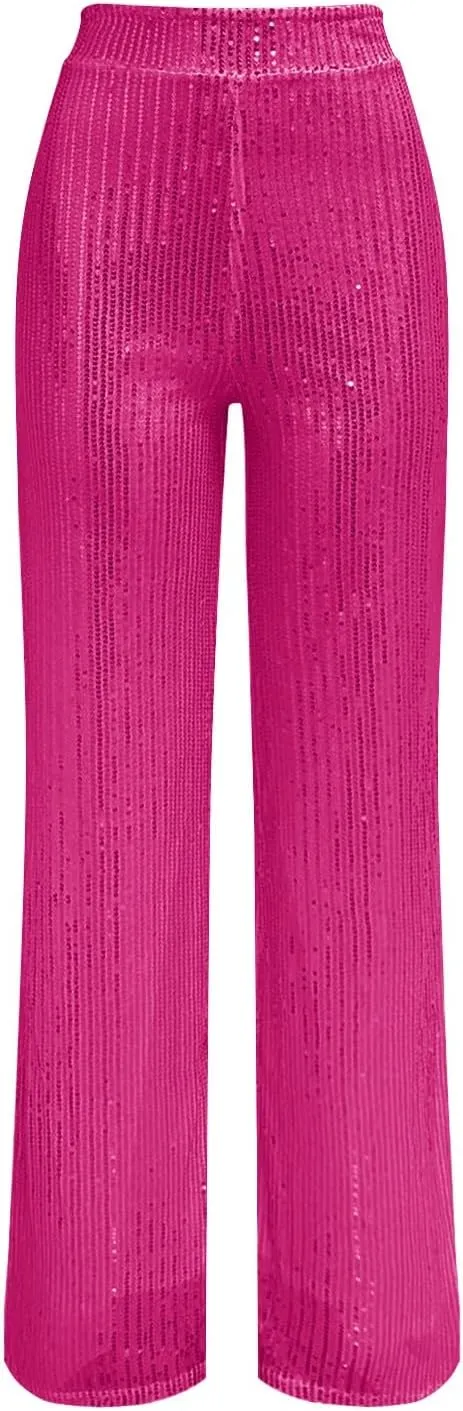 Sequin Pants Women Fashion High Waist Pant Sparkly Wide Leg Trousers Elastic Loose Side Zipper Shiny Pants