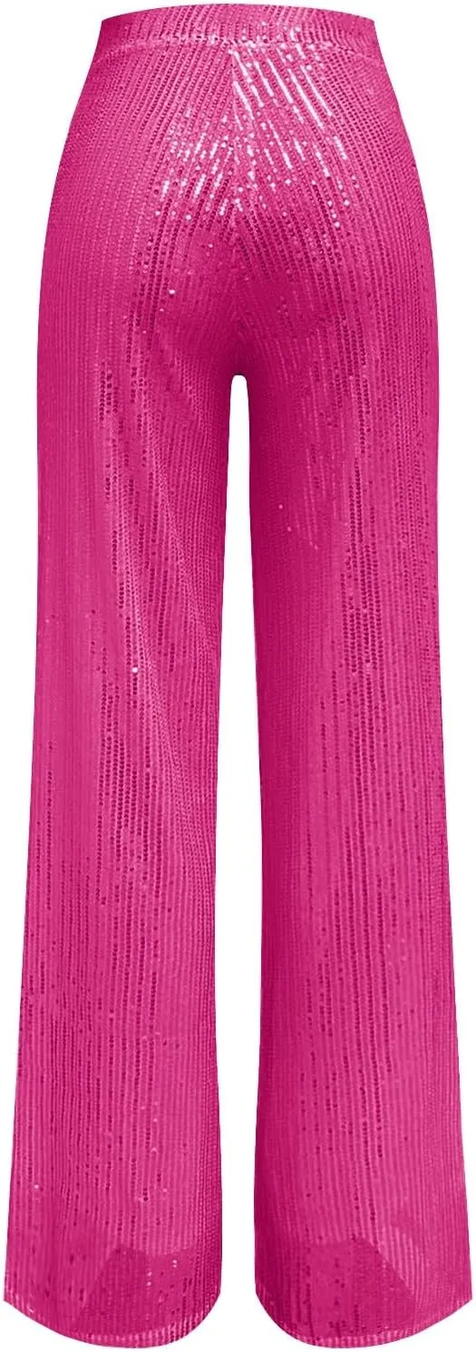 Sequin Pants Women Fashion High Waist Pant Sparkly Wide Leg Trousers Elastic Loose Side Zipper Shiny Pants
