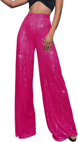 Sequin Pants Women Fashion High Waist Pant Sparkly Wide Leg Trousers Elastic Loose Side Zipper Shiny Pants