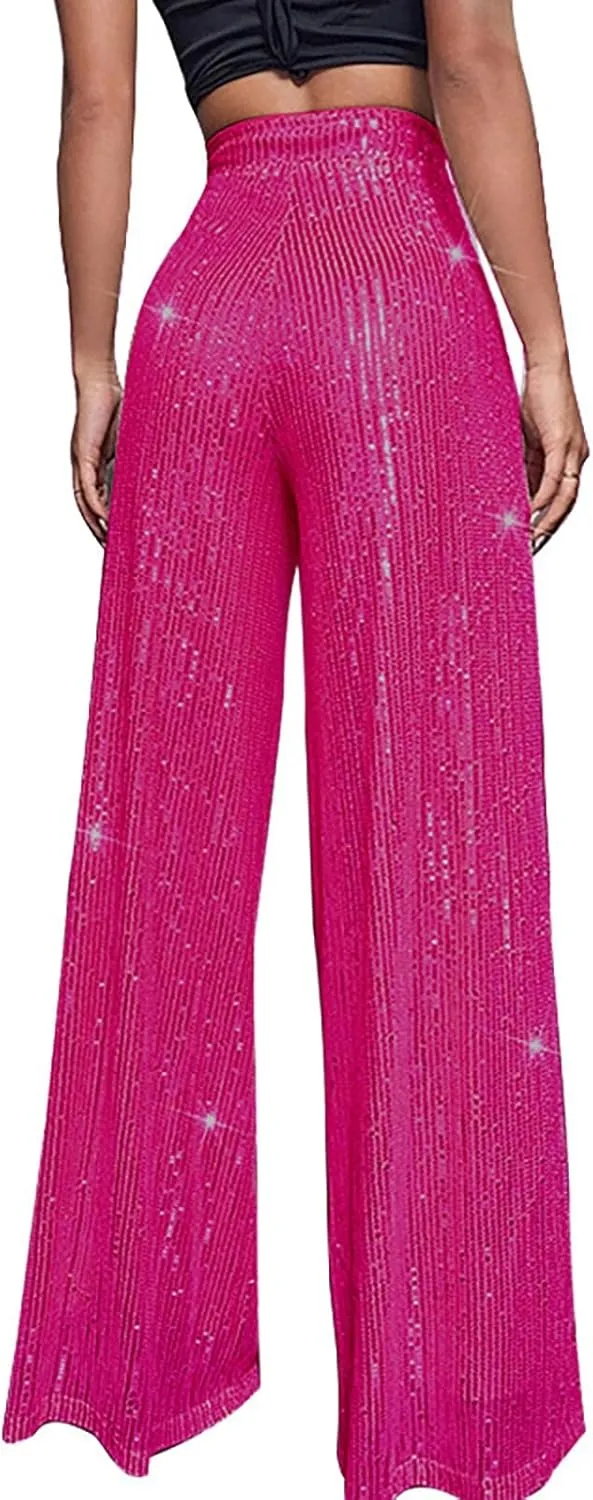 Sequin Pants Women Fashion High Waist Pant Sparkly Wide Leg Trousers Elastic Loose Side Zipper Shiny Pants