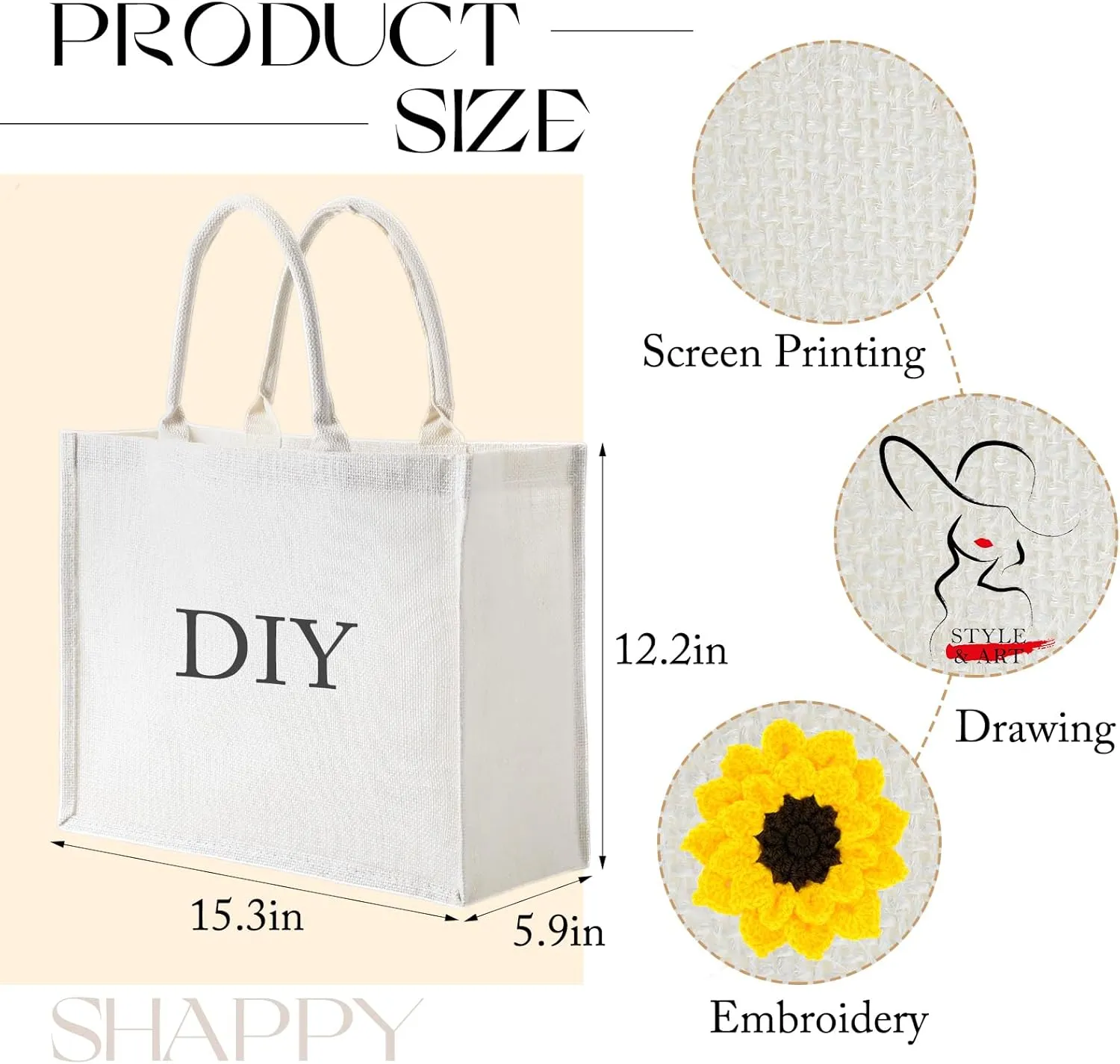 Shappy 10 Pack Burlap Tote Bag Set, Reusable Blank Jute Burlap Grocery Bag with Handle for Bridesmaid Gift Shopping DIY