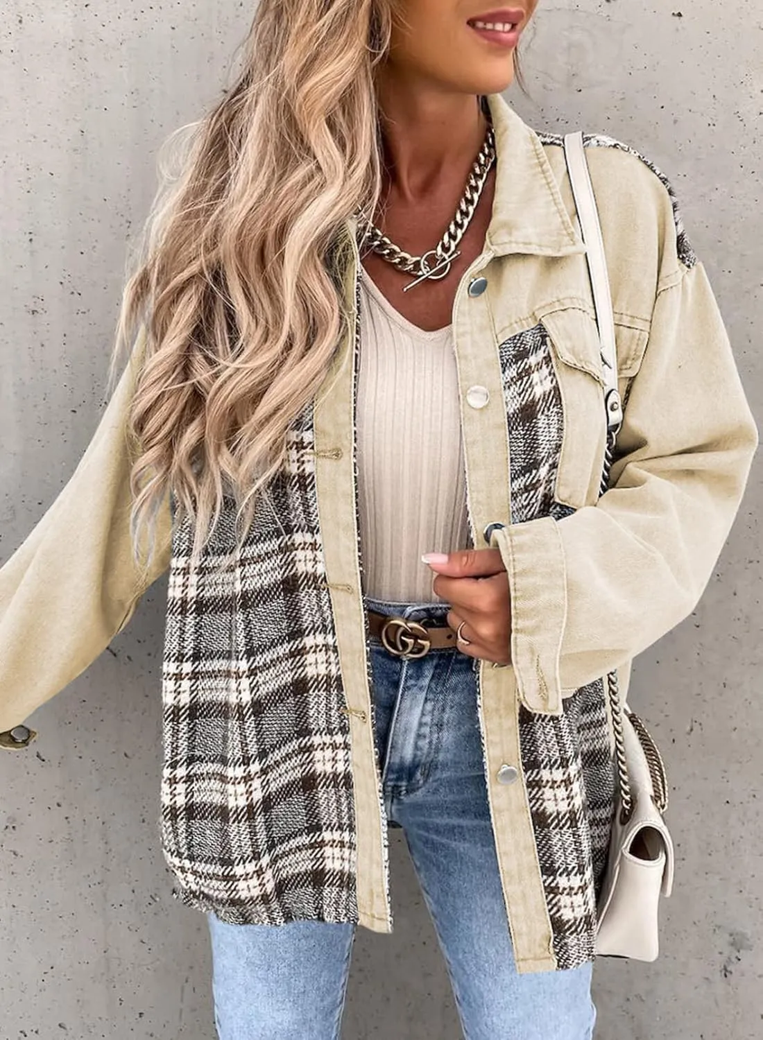 SHEWIN Women's Oversized Denim Jacket Casual Long Sleeve Button Down Plaid Shacket Boyfriend Jean Jacket With Pockets