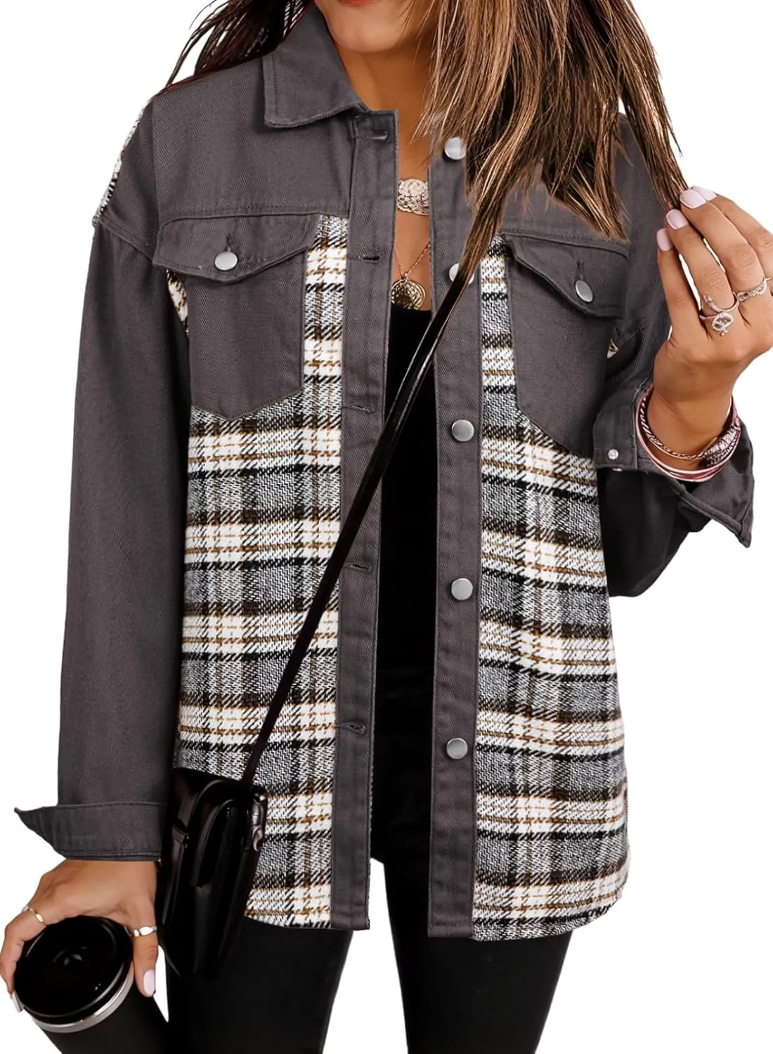 SHEWIN Women's Oversized Denim Jacket Casual Long Sleeve Button Down Plaid Shacket Boyfriend Jean Jacket With Pockets