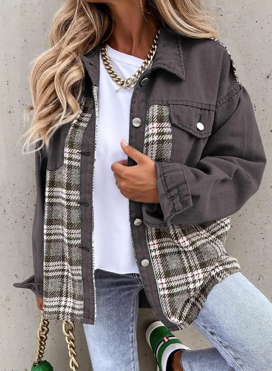 SHEWIN Women's Oversized Denim Jacket Casual Long Sleeve Button Down Plaid Shacket Boyfriend Jean Jacket With Pockets