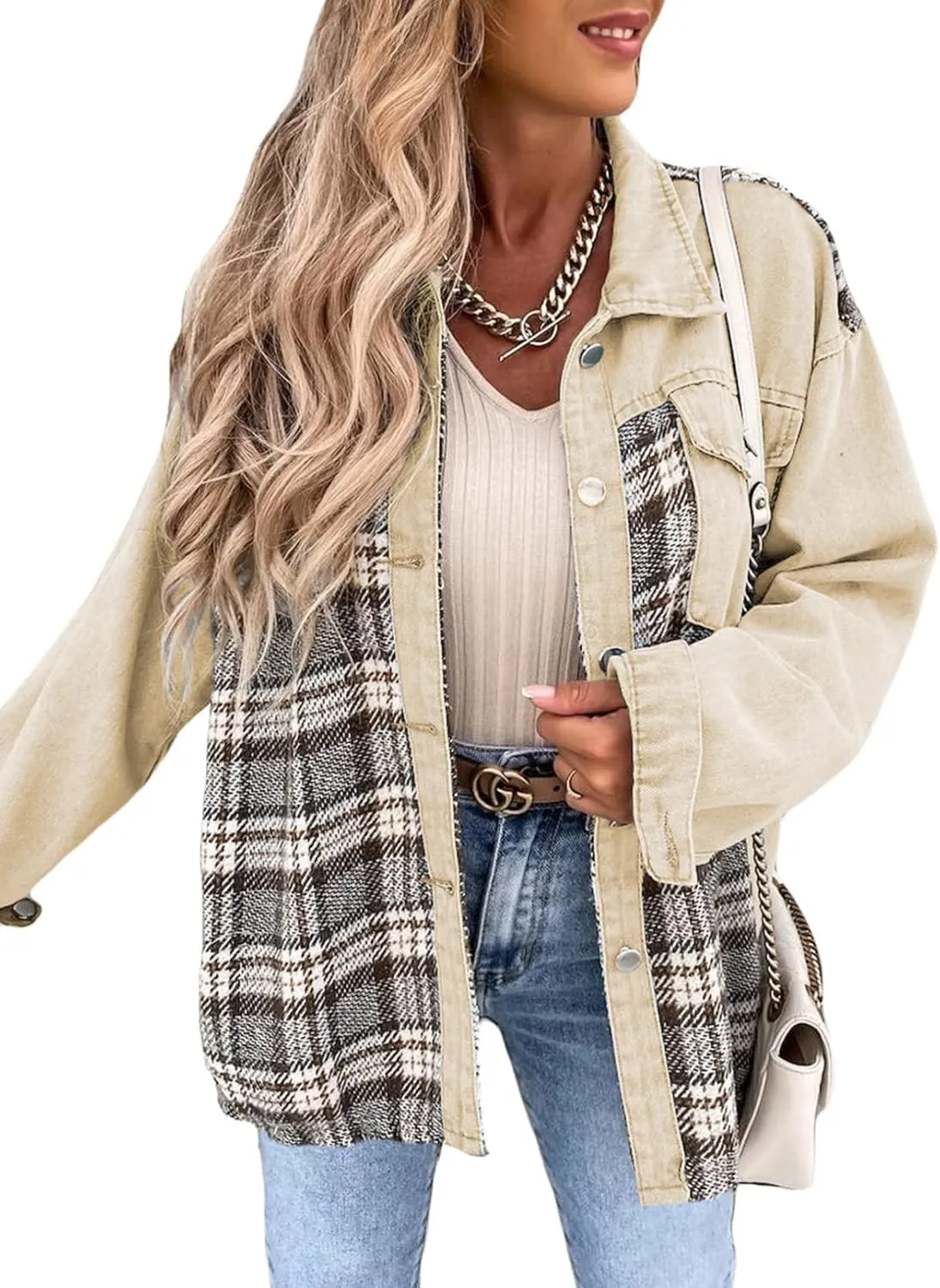 SHEWIN Women's Oversized Denim Jacket Casual Long Sleeve Button Down Plaid Shacket Boyfriend Jean Jacket With Pockets