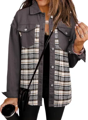 SHEWIN Women's Oversized Denim Jacket Casual Long Sleeve Button Down Plaid Shacket Boyfriend Jean Jacket With Pockets