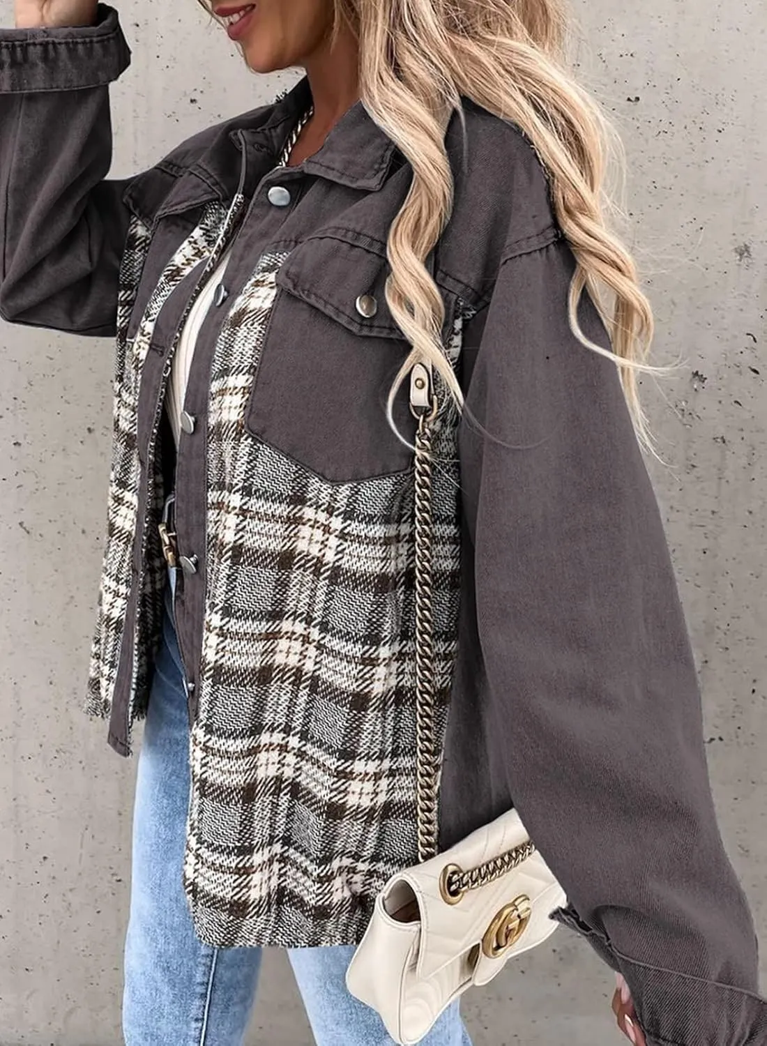 SHEWIN Women's Oversized Denim Jacket Casual Long Sleeve Button Down Plaid Shacket Boyfriend Jean Jacket With Pockets