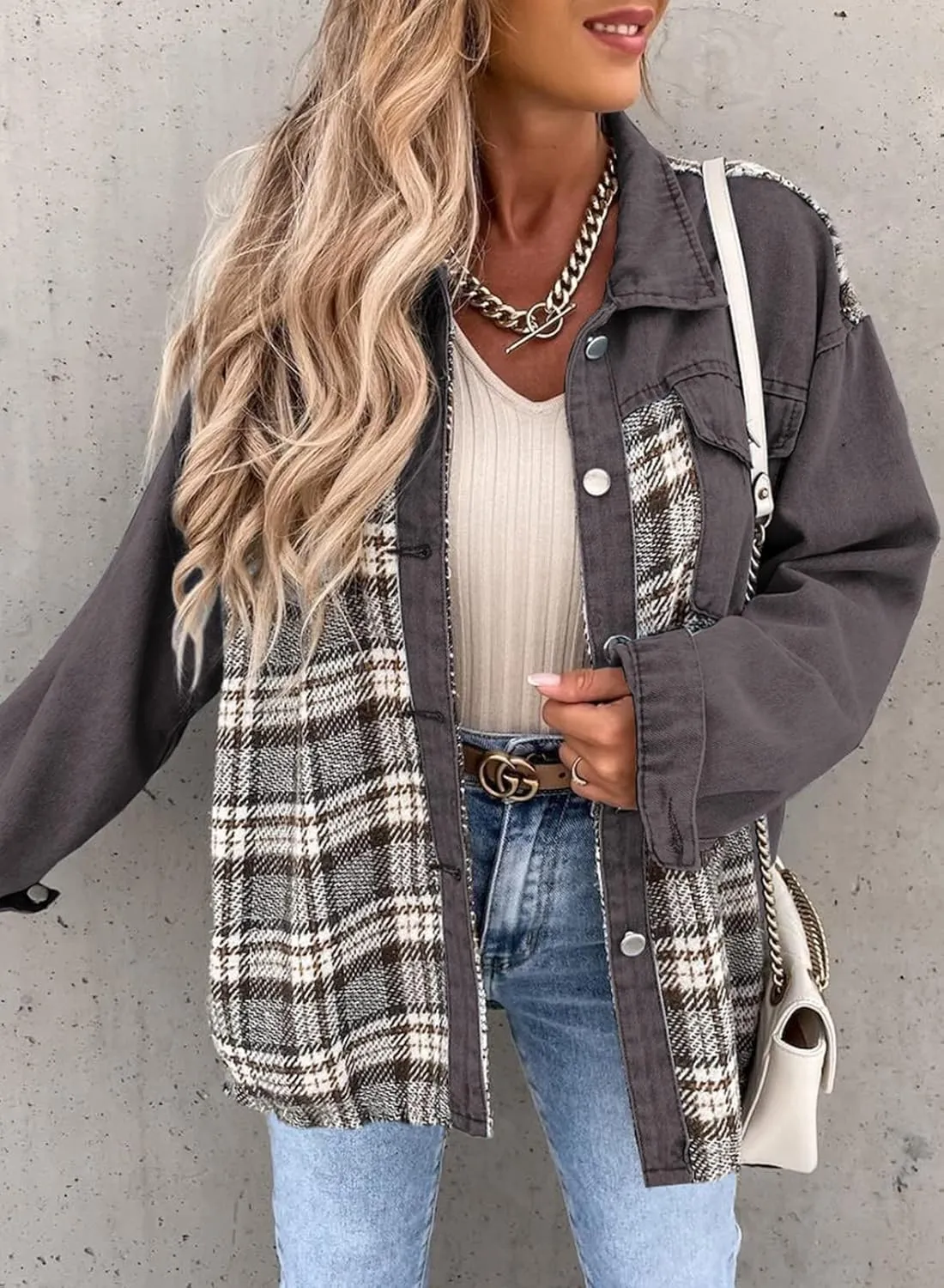 SHEWIN Women's Oversized Denim Jacket Casual Long Sleeve Button Down Plaid Shacket Boyfriend Jean Jacket With Pockets