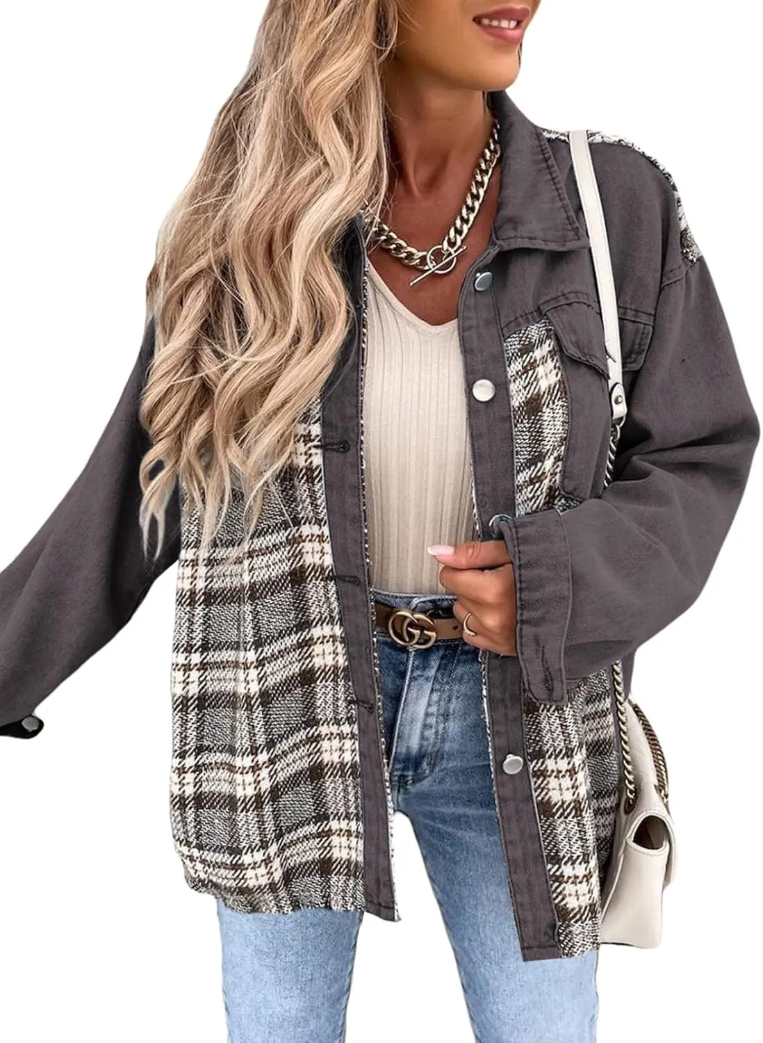 SHEWIN Women's Oversized Denim Jacket Casual Long Sleeve Button Down Plaid Shacket Boyfriend Jean Jacket With Pockets
