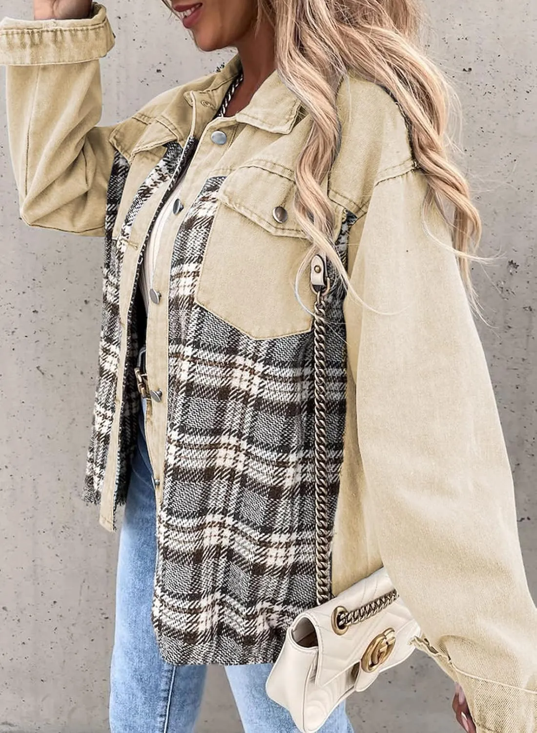 SHEWIN Women's Oversized Denim Jacket Casual Long Sleeve Button Down Plaid Shacket Boyfriend Jean Jacket With Pockets