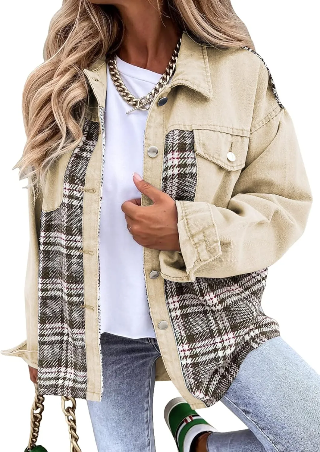 SHEWIN Women's Oversized Denim Jacket Casual Long Sleeve Button Down Plaid Shacket Boyfriend Jean Jacket With Pockets
