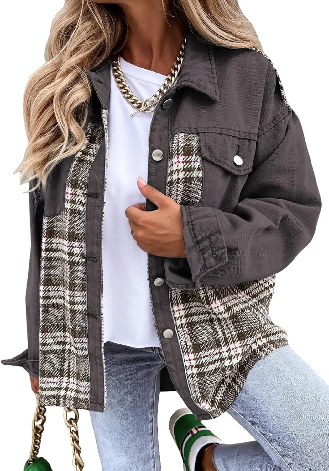 SHEWIN Women's Oversized Denim Jacket Casual Long Sleeve Button Down Plaid Shacket Boyfriend Jean Jacket With Pockets