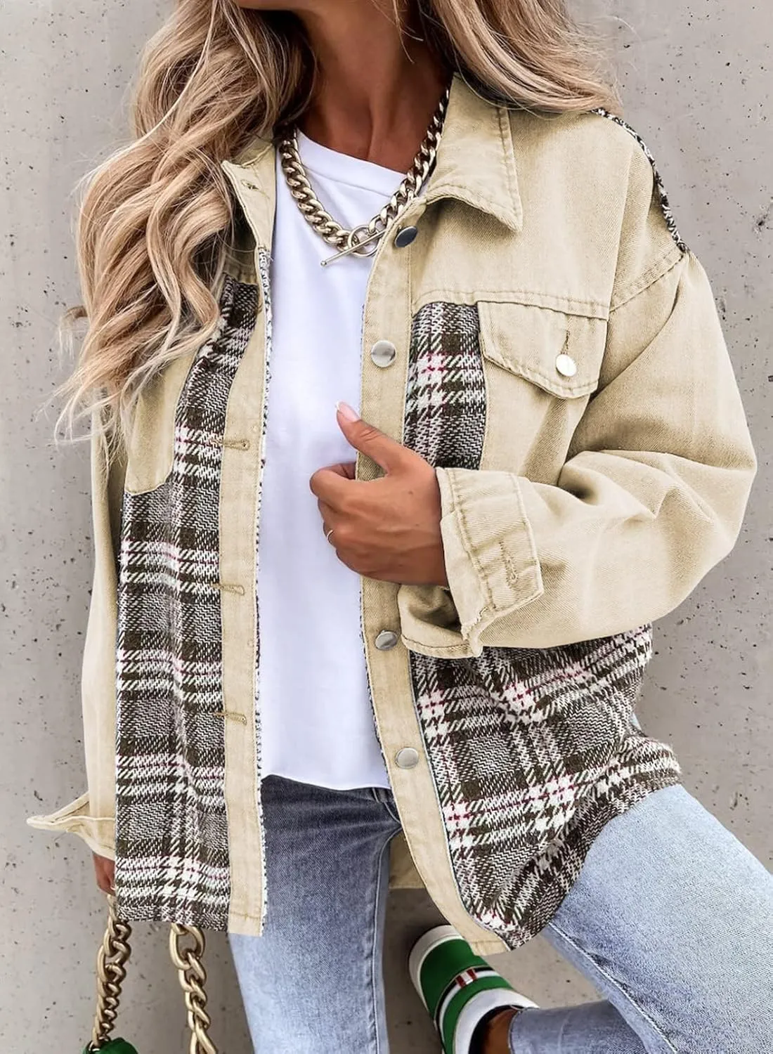 SHEWIN Women's Oversized Denim Jacket Casual Long Sleeve Button Down Plaid Shacket Boyfriend Jean Jacket With Pockets