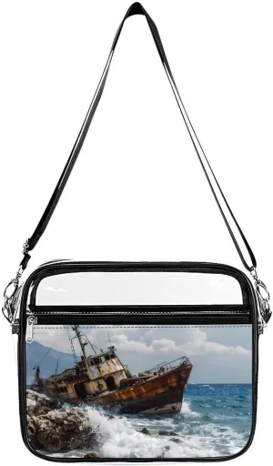 Shipwreck Waves Reef Large Clear Stadium Bag Clear Mini Messenger Bags with 2 Compartments Crossbody Bag