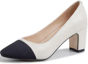 SHODENSE Women Classic Chunky Block Heel Pumps Cap Toe Two Toned 2.5" Heel Dress Shoes Slip On Almond Closed Toe Dress Sandals Patchwork Colorblock Formal Office Work Pump Wedding Evening 4-11 M US