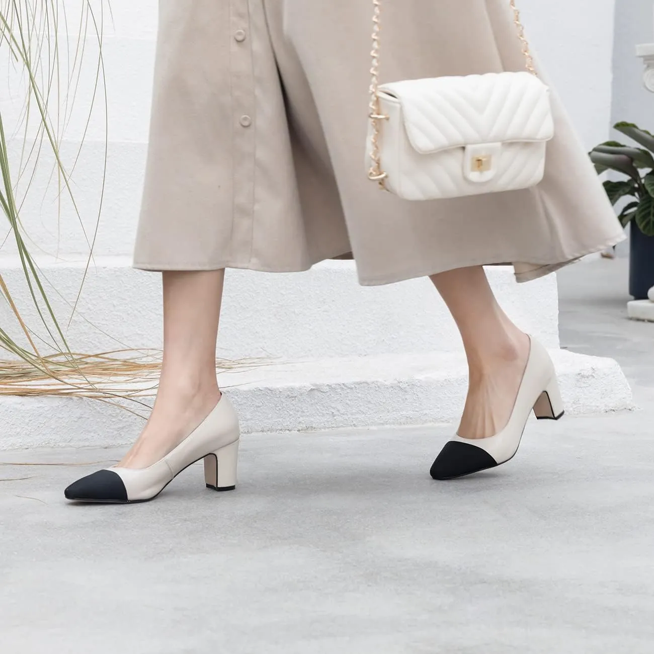 SHODENSE Women Classic Chunky Block Heel Pumps Cap Toe Two Toned 2.5" Heel Dress Shoes Slip On Almond Closed Toe Dress Sandals Patchwork Colorblock Formal Office Work Pump Wedding Evening 4-11 M US