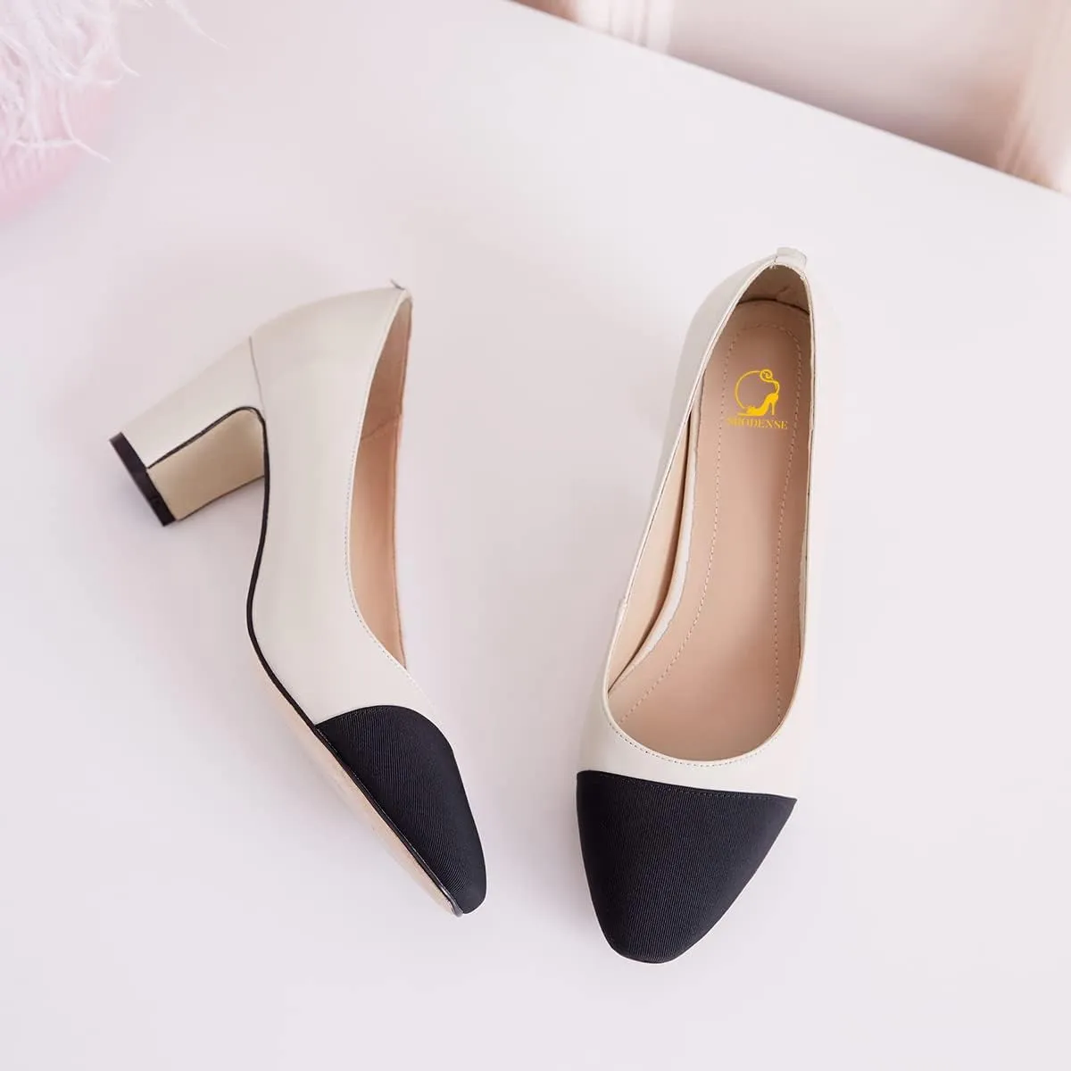 SHODENSE Women Classic Chunky Block Heel Pumps Cap Toe Two Toned 2.5" Heel Dress Shoes Slip On Almond Closed Toe Dress Sandals Patchwork Colorblock Formal Office Work Pump Wedding Evening 4-11 M US