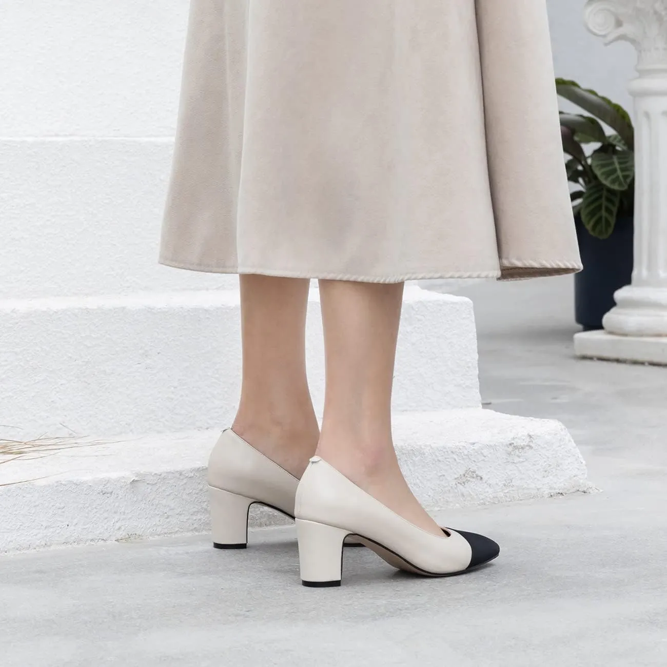 SHODENSE Women Classic Chunky Block Heel Pumps Cap Toe Two Toned 2.5" Heel Dress Shoes Slip On Almond Closed Toe Dress Sandals Patchwork Colorblock Formal Office Work Pump Wedding Evening 4-11 M US