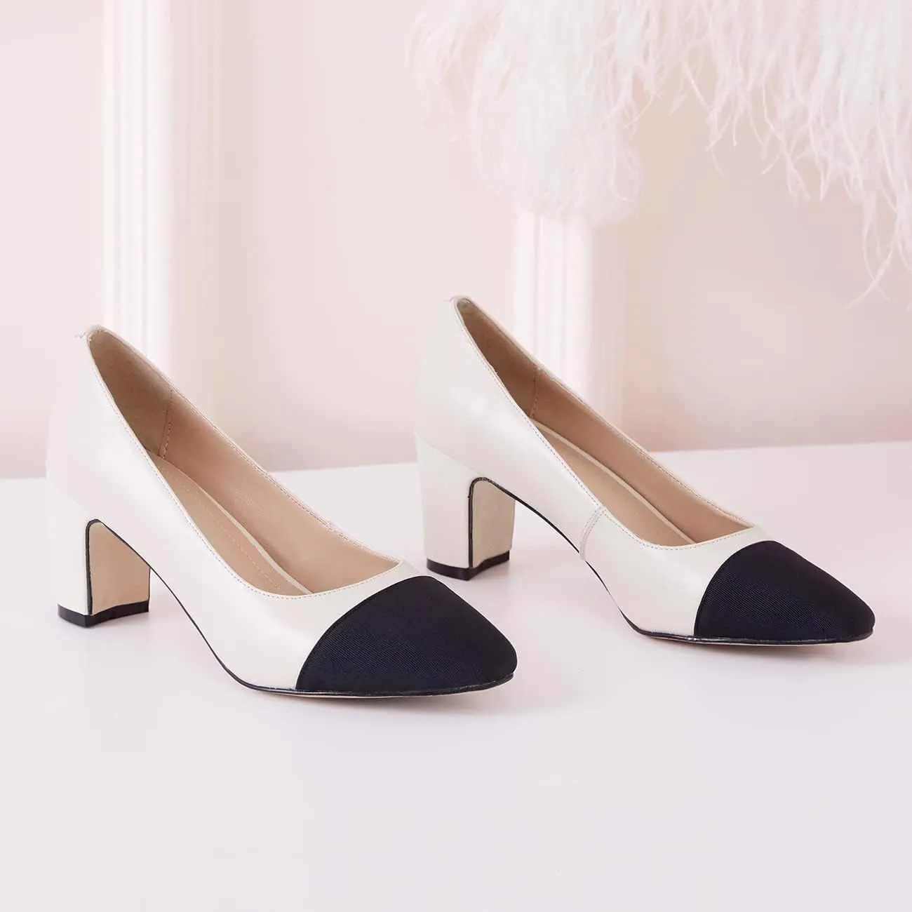 SHODENSE Women Classic Chunky Block Heel Pumps Cap Toe Two Toned 2.5" Heel Dress Shoes Slip On Almond Closed Toe Dress Sandals Patchwork Colorblock Formal Office Work Pump Wedding Evening 4-11 M US