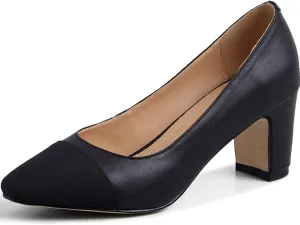 SHODENSE Women Classic Chunky Block Heel Pumps Cap Toe Two Toned 2.5" Heel Dress Shoes Slip On Almond Closed Toe Dress Sandals Patchwork Colorblock Formal Office Work Pump Wedding Evening 4-11 M US