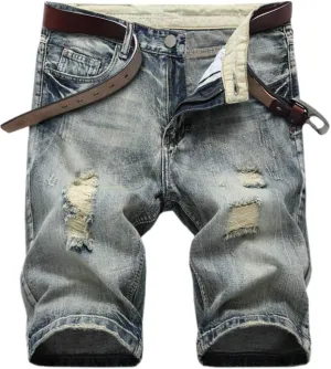 SHOOYING Men's Casual Denim Ripped Shorts