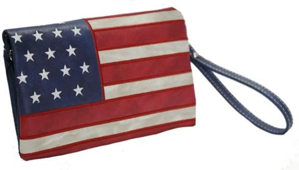 Showman Embroidered American Flag PU Faux Leather 9" x 6" Messenger Wallet Purse